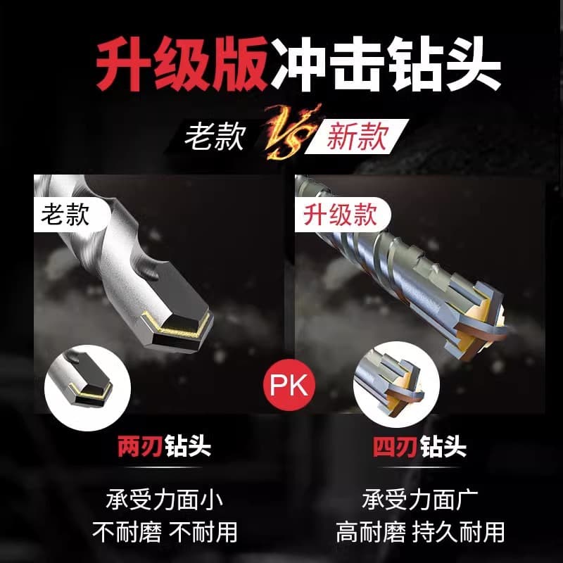 Cross Impact Drill Bit for Concrete Wall, SDS-Plus Round Shank, 4-Cutter Carbide Tip, Extended Length