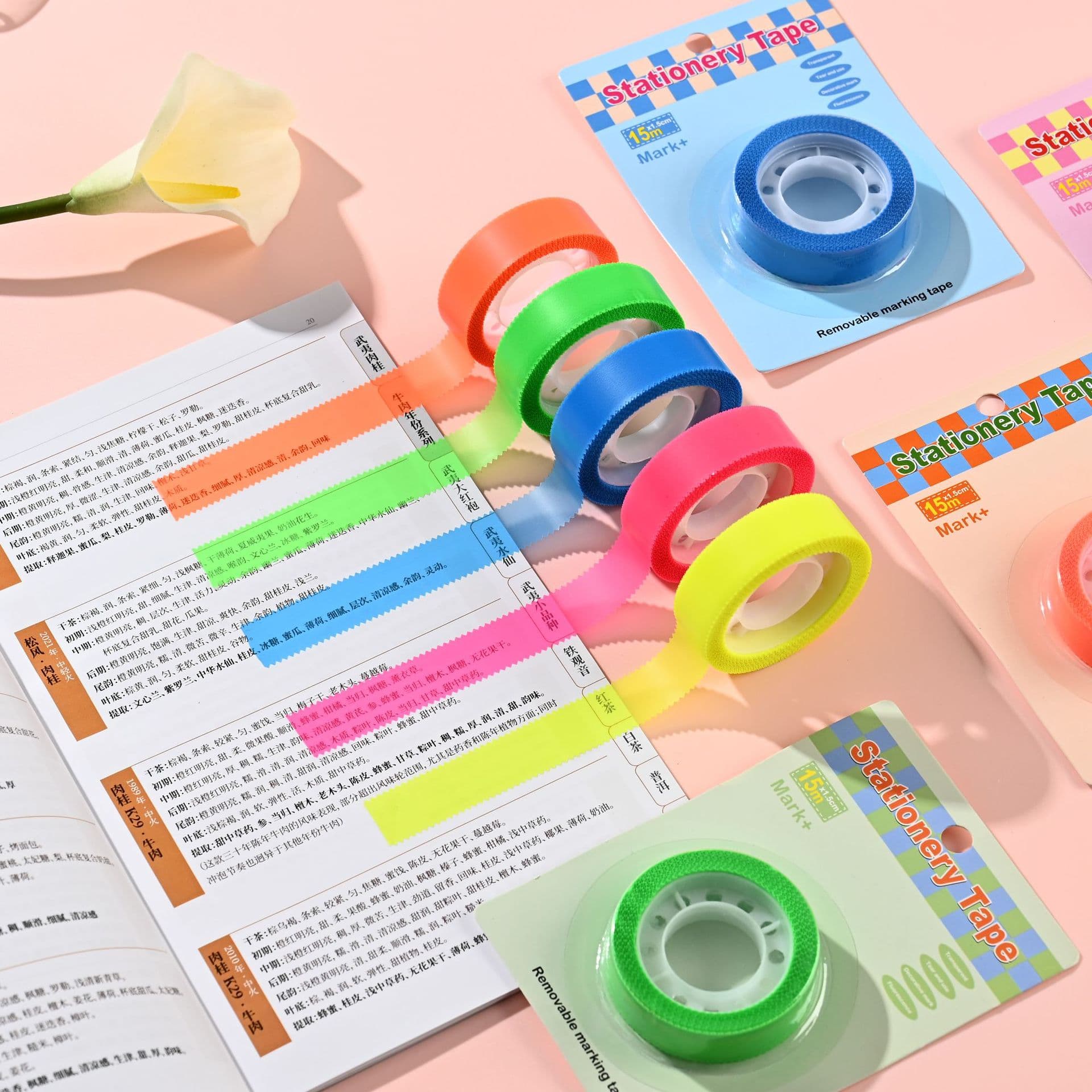 In-stock fluorescent transparent tape, student stationery tape, highlighting tape, small colored easy-tear tape, wholesale.