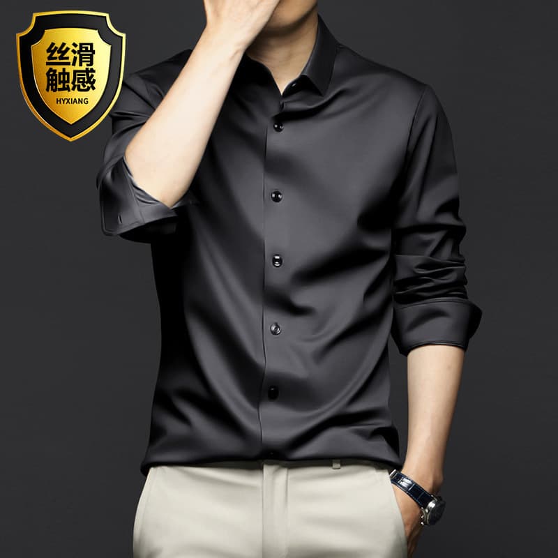 Foreign Trade Silk Shirt for Men Business Casual High-End Non-Iron Solid Satin Shirt European and American Men's Clothing