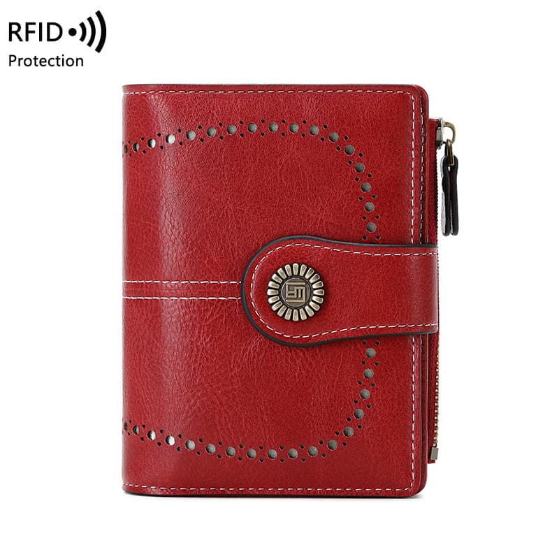 2026 New RFID Wallet Women's Short Card Holder European and American Oil Wax Leather Coin Purse Fashion Buckle Zipper Wallet