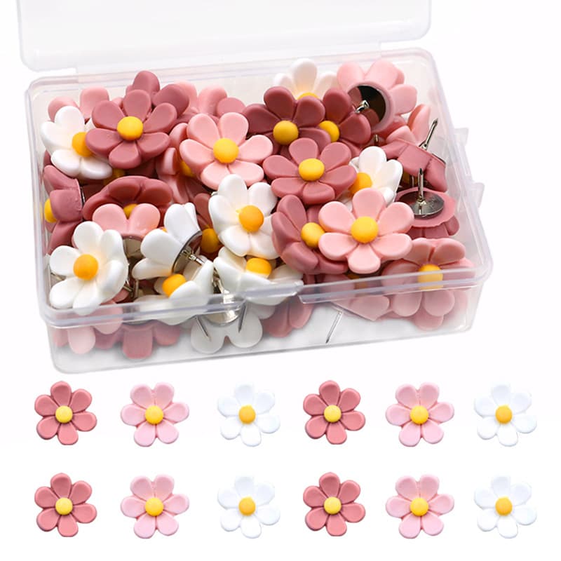 New 50-piece pink and white six-petal flower thumbtacks, cute cork board flower wall decoration push pins for hanging photos