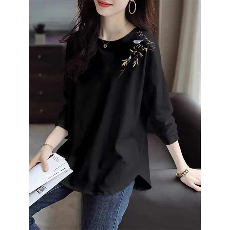 ~ European Station Original Single Pure Cotton plus size Casual Loose Long-sleeved T-shirt Temperament Black Belly Covering Top for Women