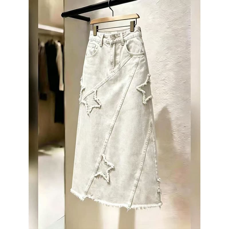 New Summer Star Ripped Denim Skirt for Women, High-Waist Slimming Irregular Raw-Hem Mid-Length Design Skirt