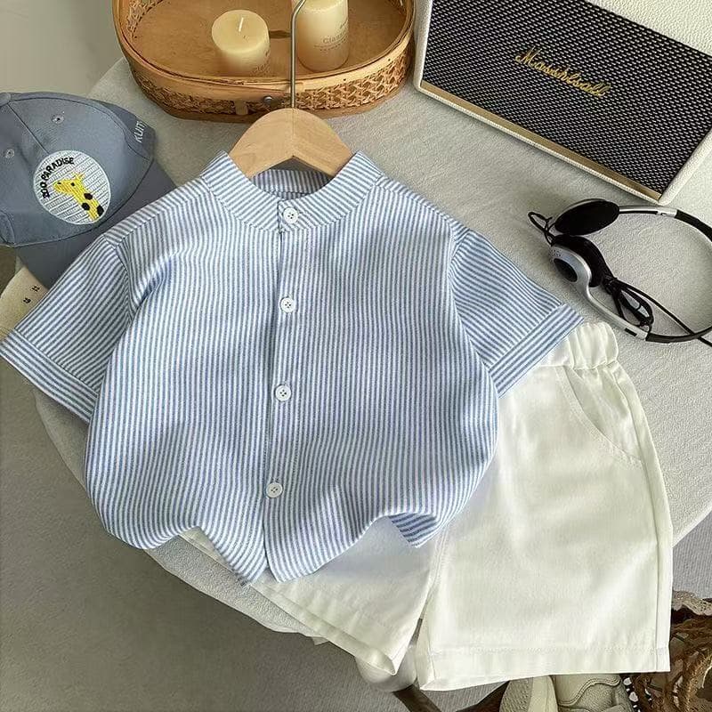 Boys' summer suit, new children's short-sleeved striped shirt two-piece set, fashionable baby summer casual shorts
