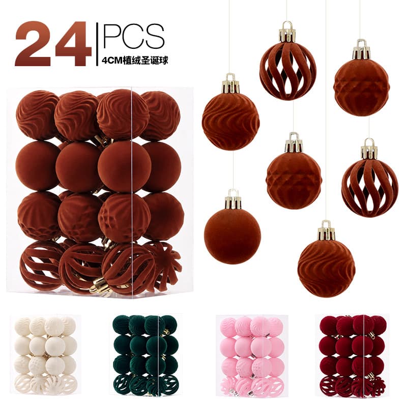 Cross-border New Arrival Christmas Decoration 4cm/24pcs Luxury Flocked Christmas Ball Set Christmas Tree Ornaments