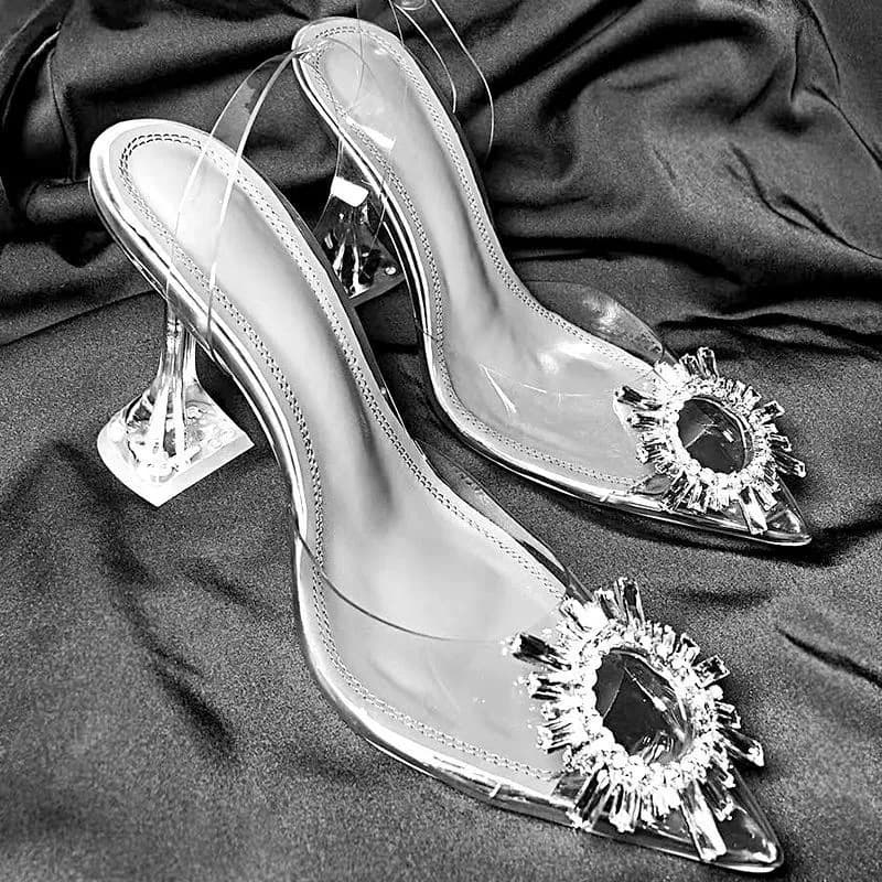 Stiletto Sexy Versatile Pointed Toe Rhinestone Shallow High Heels for Women 2024 Spring New Fairy Transparent Fashion Sandals