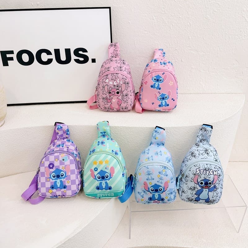 Wholesale children's chest bag with cartoon Stitch print, cute and trendy crossbody bag for boys and girls, coin purse shoulder bag.