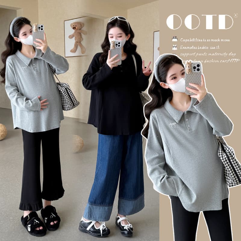 Real Shot 2025 Autumn Maternity Wear Sweet Polo Collar Casual Long Sleeve T-Shirt New Korean Style Loose Maternity Top