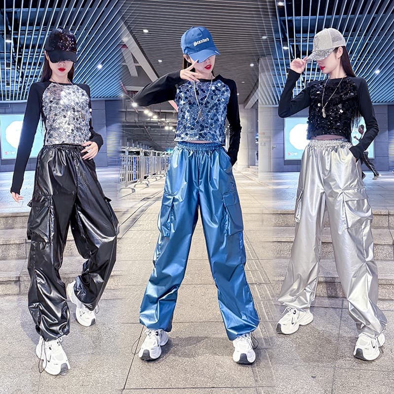 Short PU Leather Jazz Dance Pants Women's Street Style Square Dance Set Sparkling Performance Outfit Hip Hop Dancewear