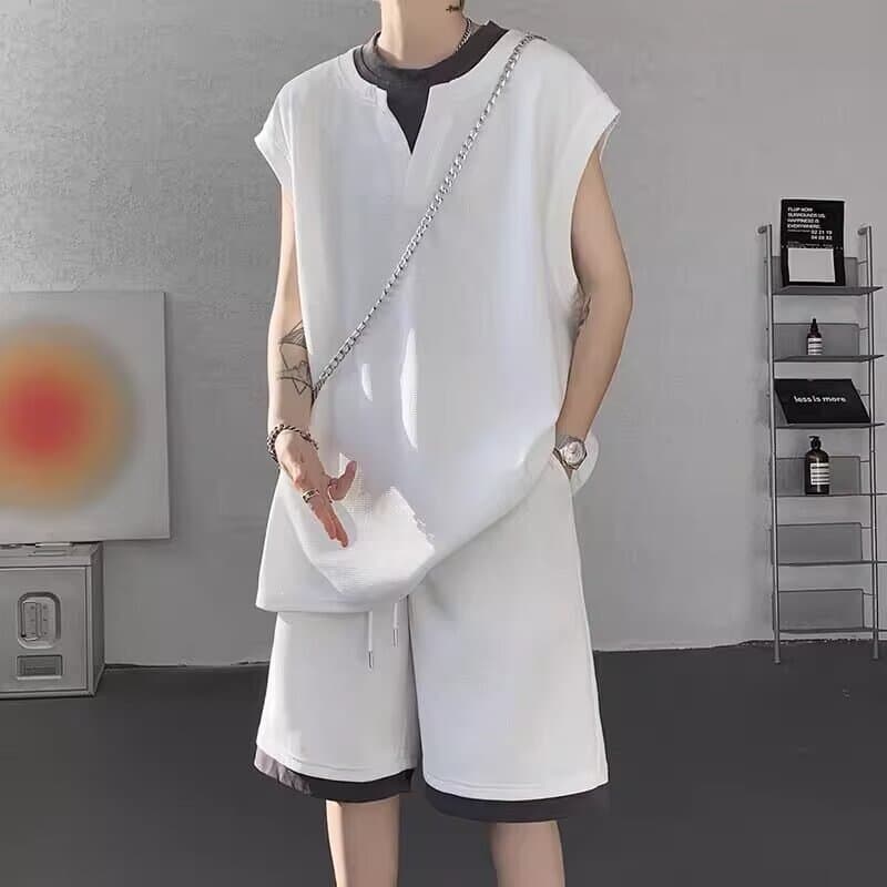 Faux Two-Piece Sleeveless T-Shirt Sport Set Men Summer Streetwear American Waffle Tank Top and Shorts Two-Piece Set