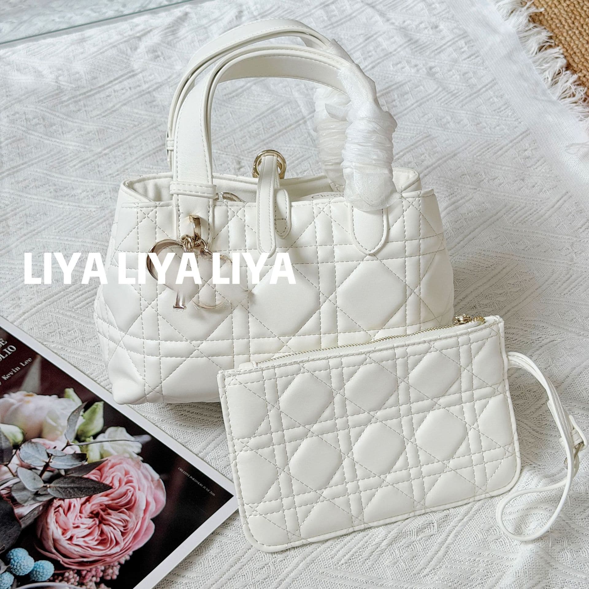 D-brand horizontal native diamond quilted handbag, Lady Dior-style shoulder bag, underarm tote, bucket handbag