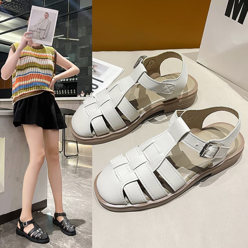 Closed Toe Sandals Women's Summer 2024 Thick Bottom Retro French Woven Soft Bottom Flat Roman Sandals Women