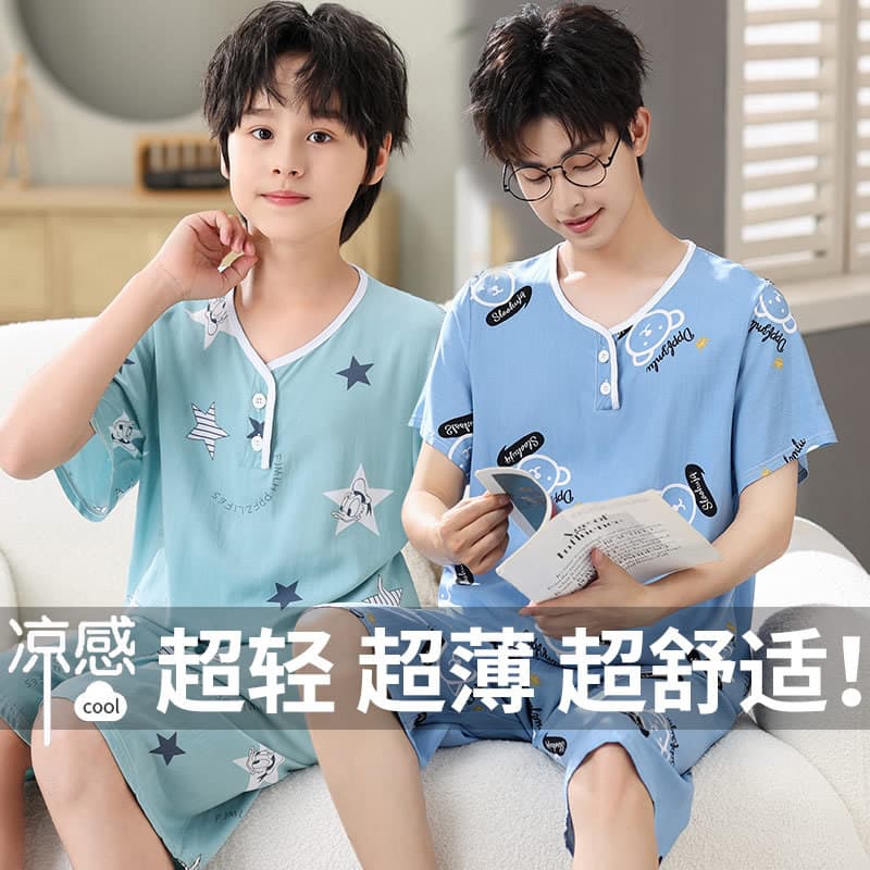 Cotton Silk Pajamas for Boys Teenagers Summer Air Conditioning Suit Set Loose Fit Large Size Kids Homewear Cartoon