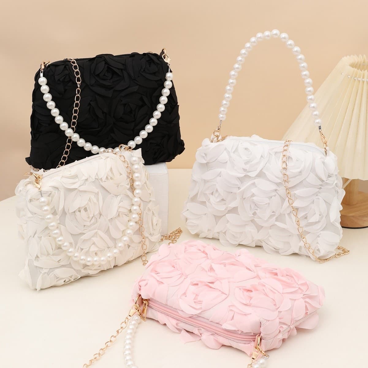 2025 New Rose Pearl Handbag Metal Chain Bag Women's European and American Style Dinner Messenger Bag