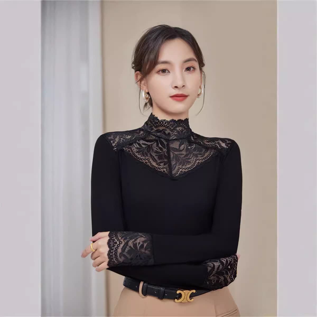 957gold Jiaxuan Spring Autumn Mesh Lace Screw Thread Cotton Base Layer Top Women's Long Sleeve T-shirt Half Polo/Turtle Neck Bas