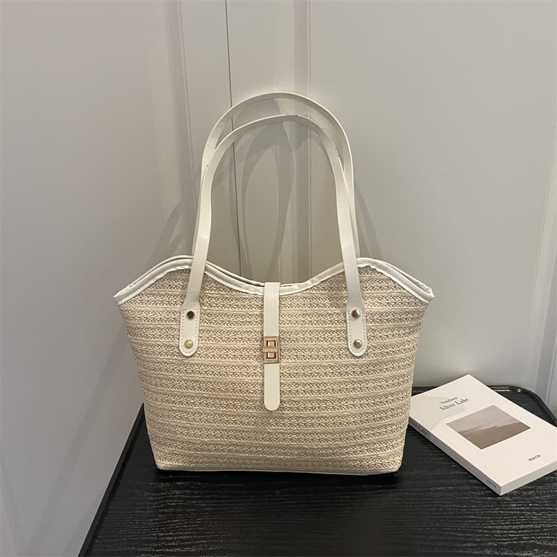 2026 Summer Straw Woven Tote Bag for Women, Contrast Color Leather Large Capacity Woven Bag for Vacation and Commute Handbag