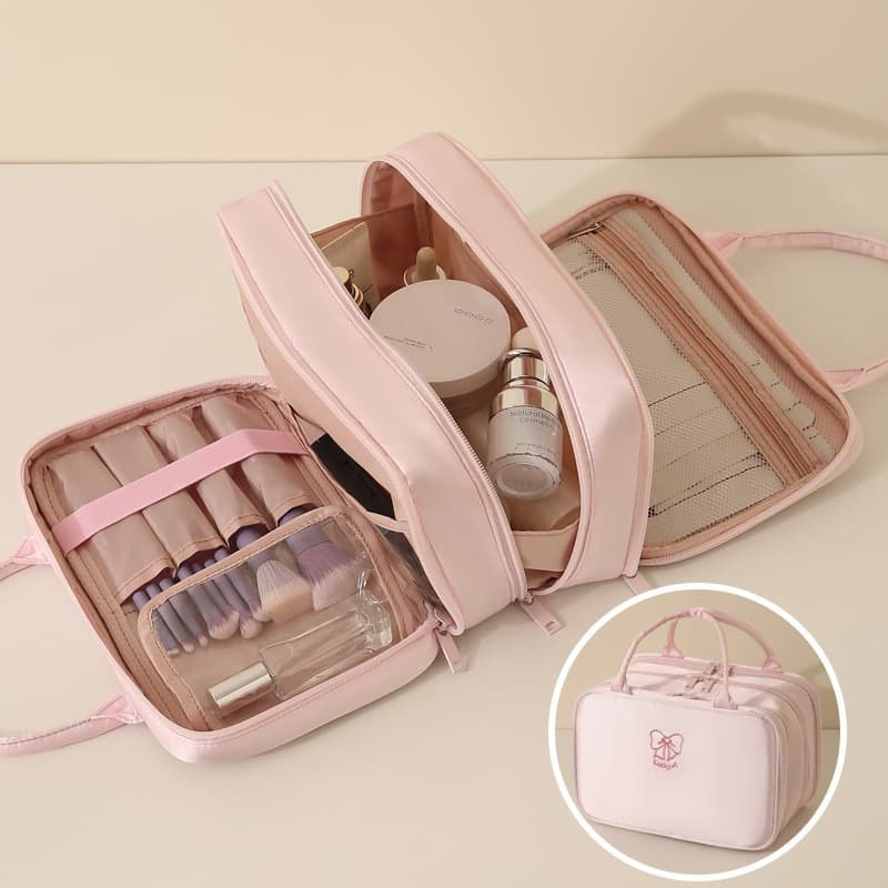 New Multifunctional Cosmetic Bag for Women, Large Capacity Skincare Organizer with Brush Compartments, Travel Toiletry Bag