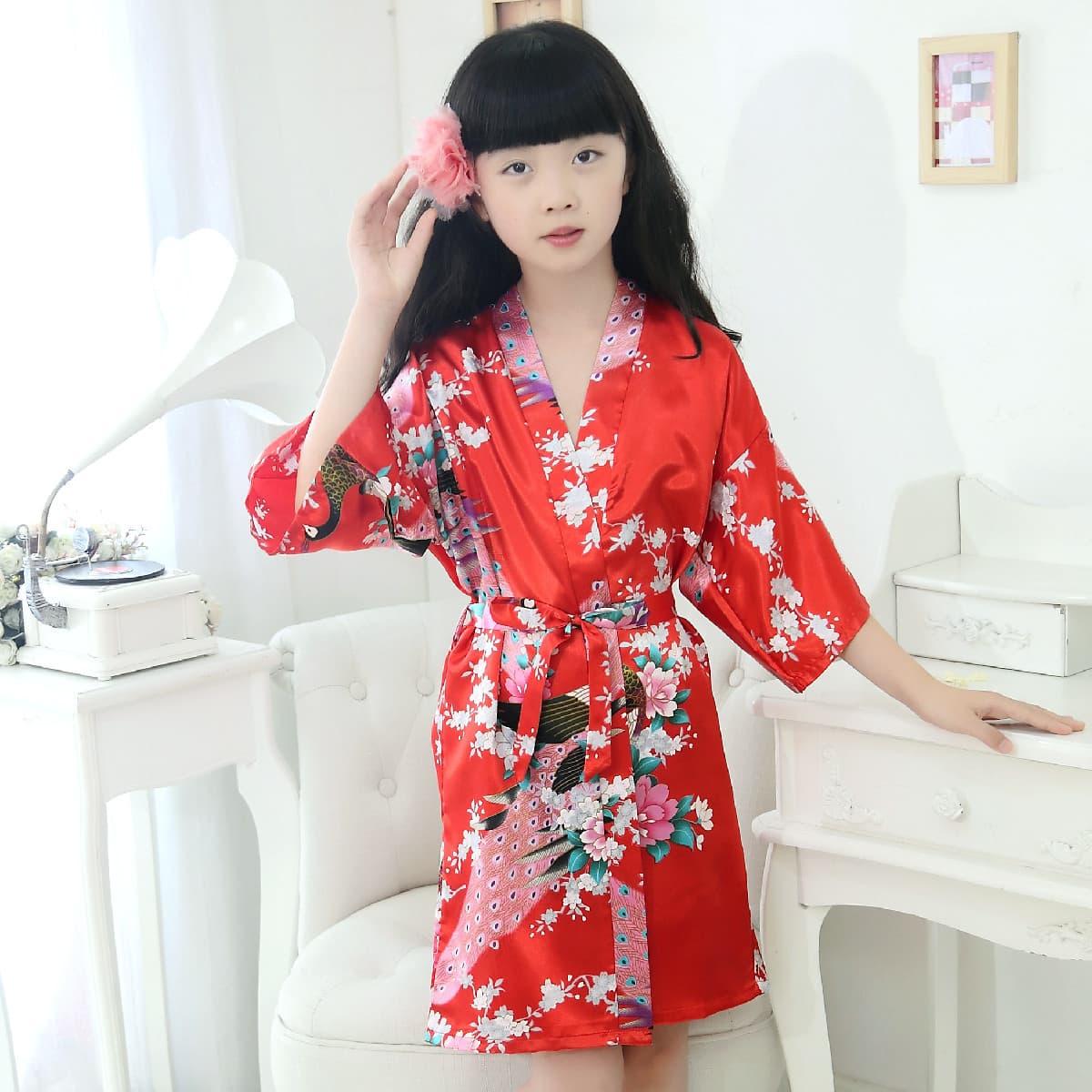 Cross-border Silk Children's Sleep Gown Export Peacock Girls' Bathrobe Kimono Print Summer Style Amazon Bathrobe