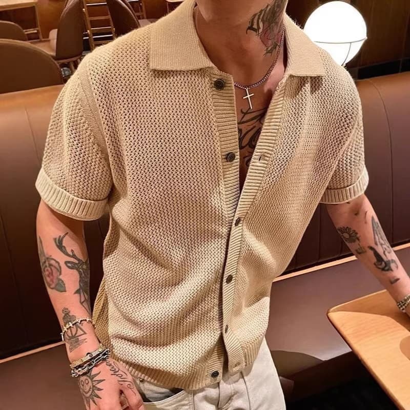 Lapel Knit Short Sleeve T-Shirt for Men Summer Old Money Style Hollow Out High-End Cross-Border Wholesale Half-Sleeve Cardigan Top