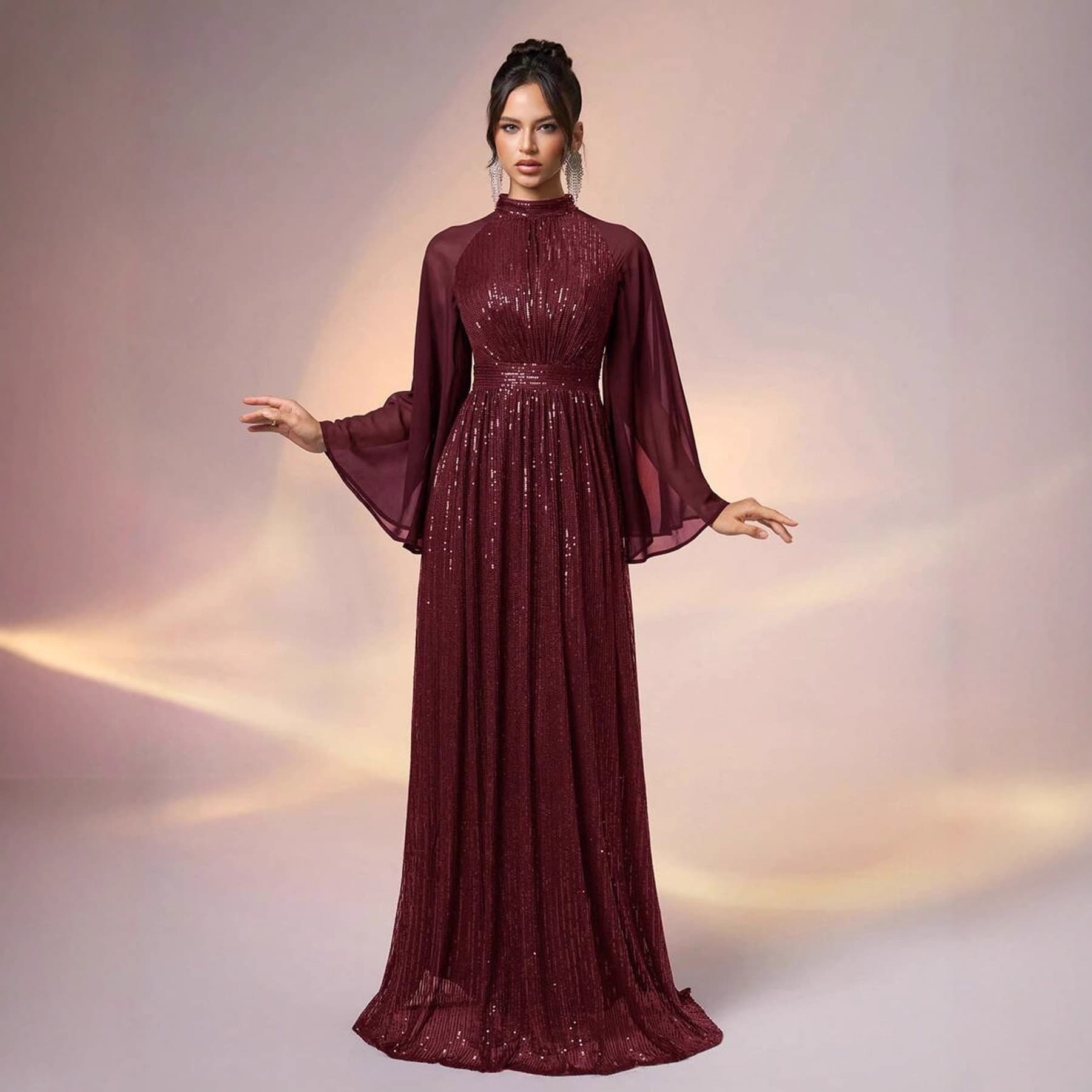 Cross-border Trade Elegant Sequin Dolman Sleeve Long Evening Dress for Bridesmaids in Europe and America