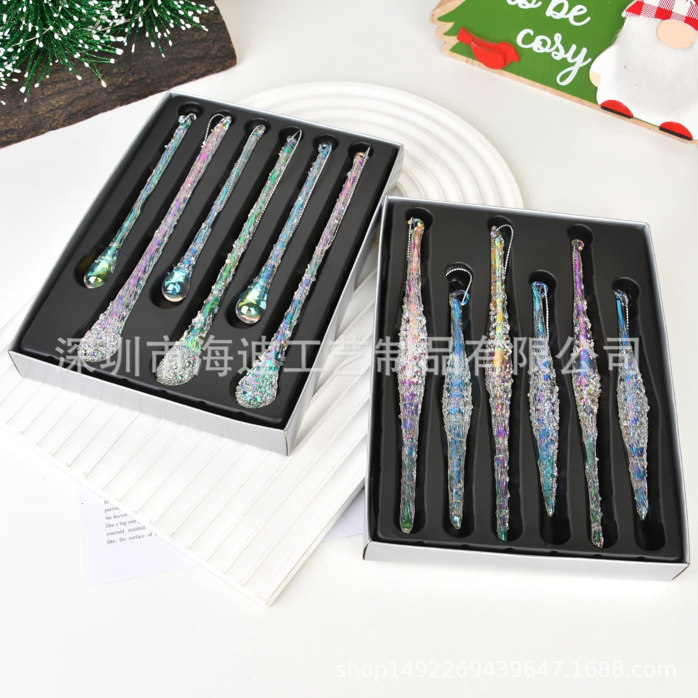 Christmas Decoration Boxed Transparent Glass Gradient Ice Strip Hanging Ornament, Christmas Tree Decoration Ice Strip Hanging, Atmosphere Decoration