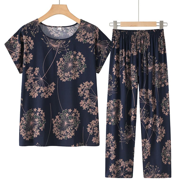 Grandma Summer Set Cotton Linen Casual Women's Sleepwear Printed Thin T-Shirt Loose Homewear Mother Two-Piece Set