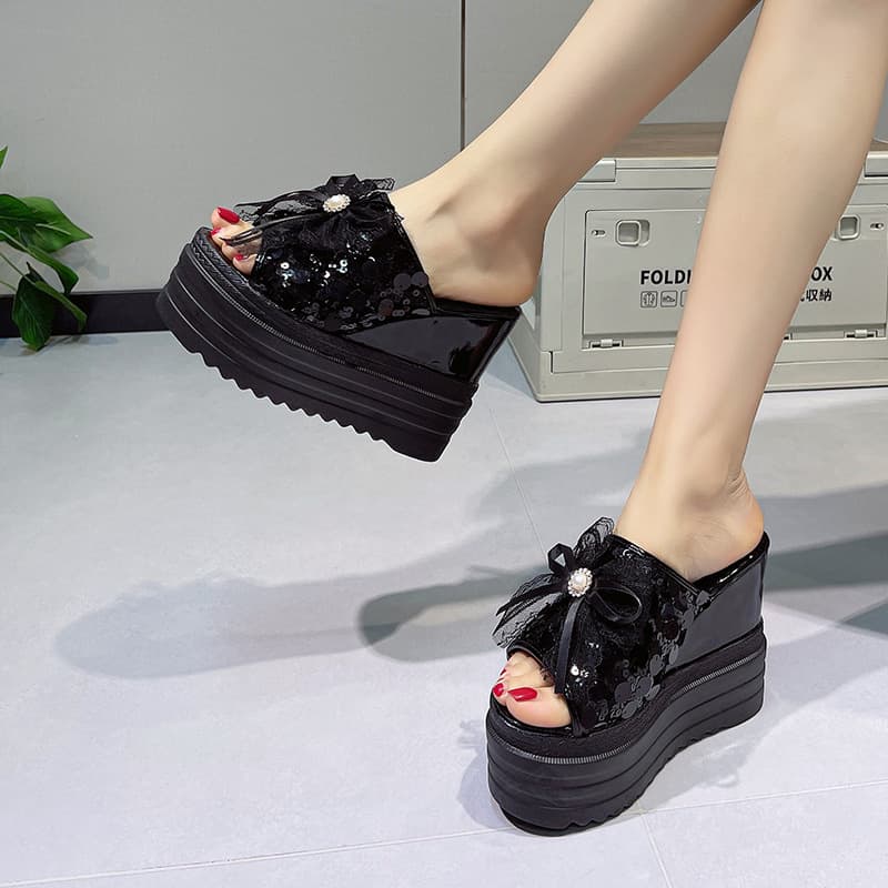New Summer Thick Sole Wedge Beaded Mesh Bow Slide Sandals for Women, Platform High Heel Slippers