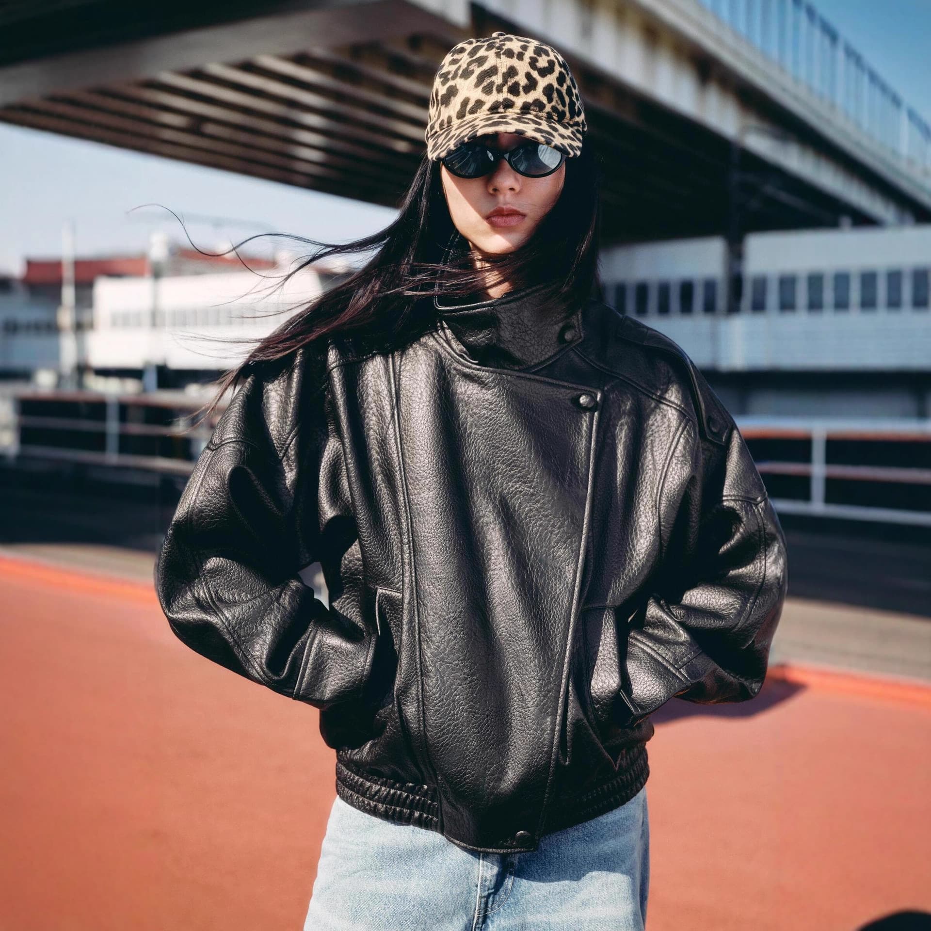 Cross-border European and American Workwear Women's Jacket 2025 Autumn New Fashion Street Style Double Collar Versatile Pebble Grain Leather Jacket
