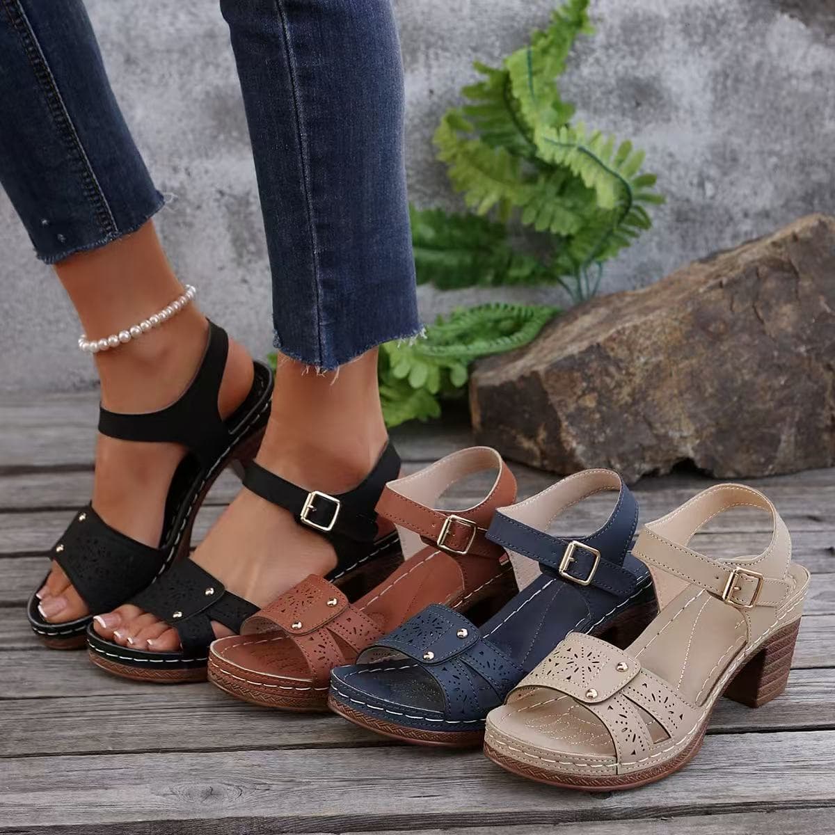 2025 New Style Foreign Trade One-Strap Wedge Heel Sandals Women's Shoes Cross-Border Large Size Peep Toe Wedge Thick Sole Sandals Wholesale