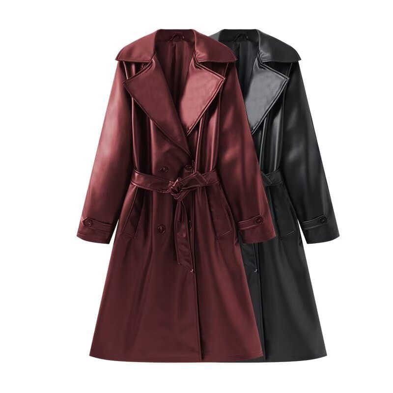 Women's Fashion 2024 Winter New Arrival European and American Style Lapel Belted Mid-Length Leather Trench Coat Premium Look