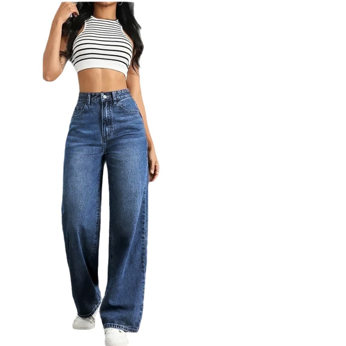 2026 Cross-Border Bestseller Women's High-Stretch Mid-High Waist Straight Dark Blue Washed Trendy Fashion Casual Street Jeans