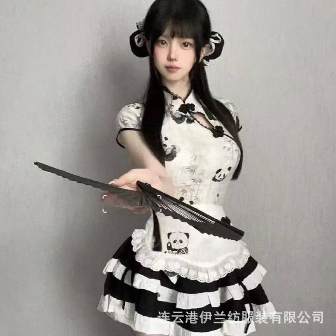 Cute Girl New Chinese-style National Style Panda Print Top High-waist Slimming Puffy Cake Skirt Maid Apron Set