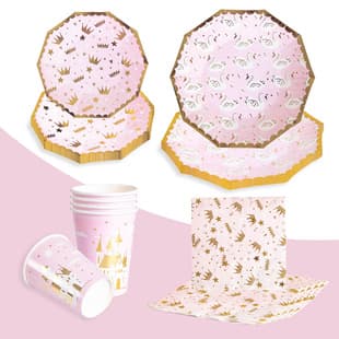 600g Thickened Decagonal Pink Castle Crown Paper Plate, Cup, Napkin, Pink Party Plate, Birthday Cake Paper