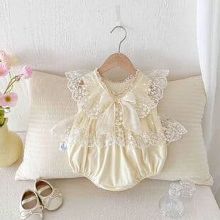 Style Bodysuit Princess Summer Hundred Days Dress Baby Flutter Sleeve Bow One-Year-Old Onesie Bodysuit Cotton