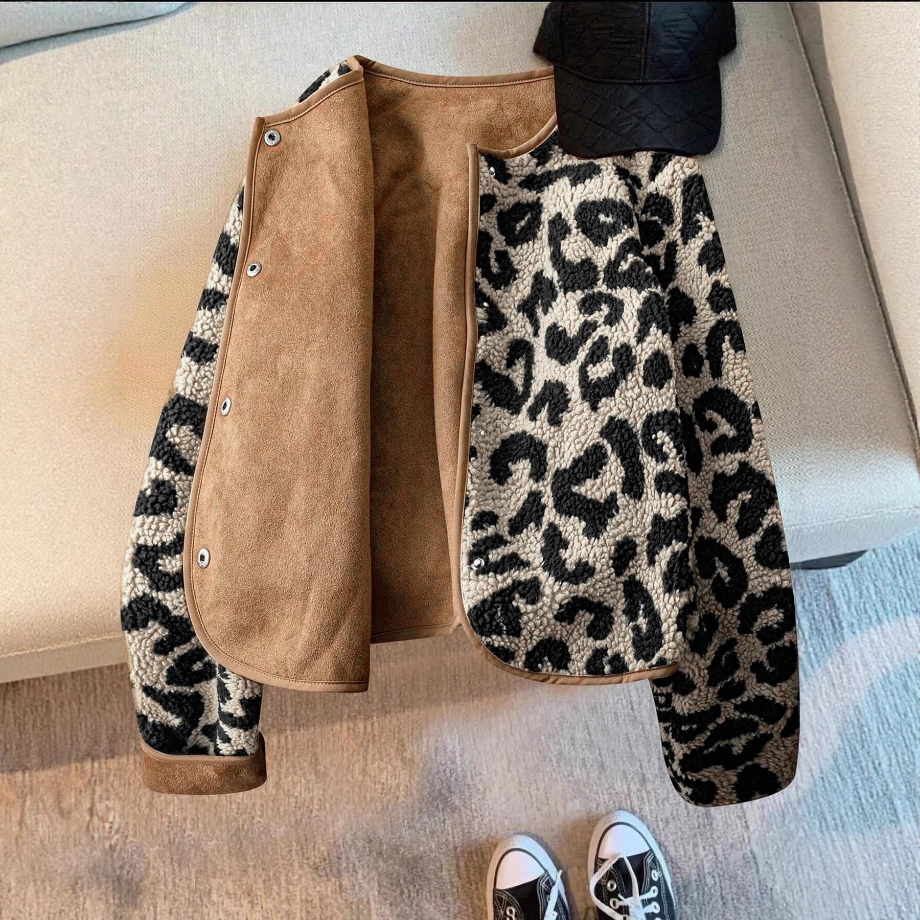Leopard Print Faux Fur Coat for Women Autumn Winter 2025 Loose Slimming Jacket Faux Fur Leopard Print Top