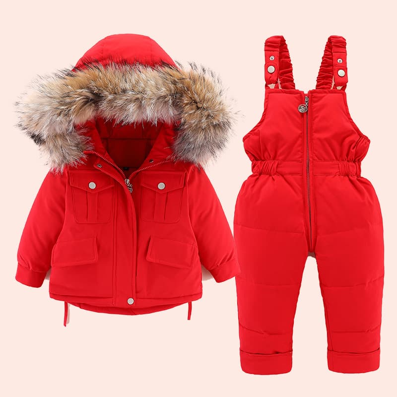 2024 Winter New Children's Down Jacket Boys Korean Style Baby Girl Suit Large Fur Collar Two-Piece Jumpsuit