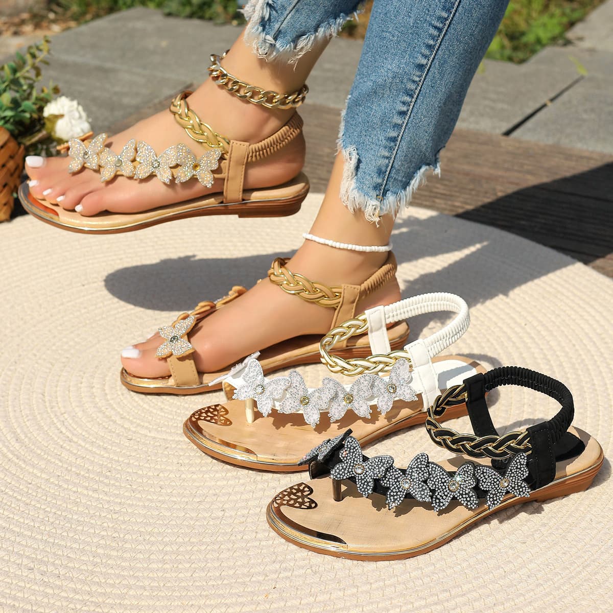 Export Plus Size Women Sandals 2024 Summer New Flat Butterfly Slip On Rhinestone Sandals European American Fashion Sandals
