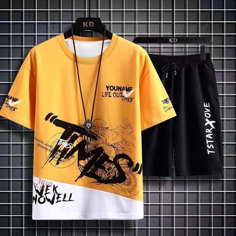 Men's casual sportswear trendy short-sleeved summer plus size new style handsome matching shorts Korean style trendy clothes