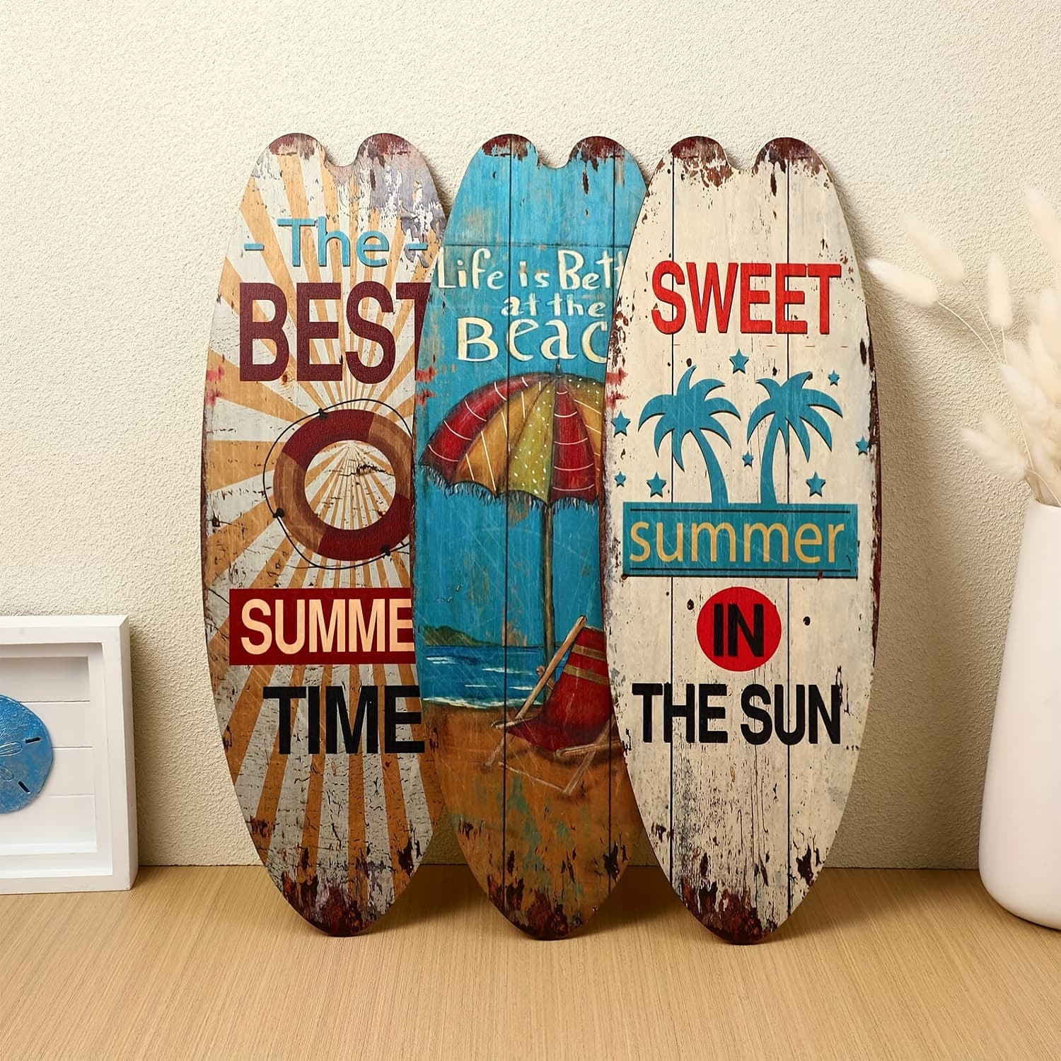 Cross-Border Surfboard Wall Plaque 3-Piece Set, Beach Ocean Theme Wooden Decorative Sign, Retro Wall Hanging