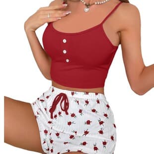 Cross-border Hot Selling Women's Homewear Printed Camisole Shorts Casual Sexy Ribbed Knit Wear-Out European and American Women's Pajamas