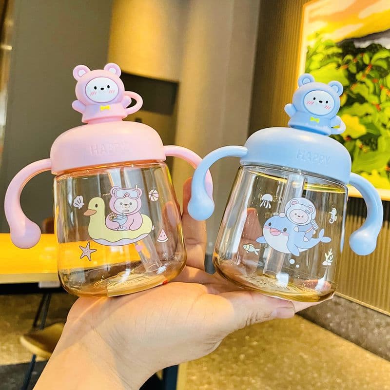 25 years new children's milk cup drinking bottle with scale direct drinking straw cup baby anti-fall high-value cartoon