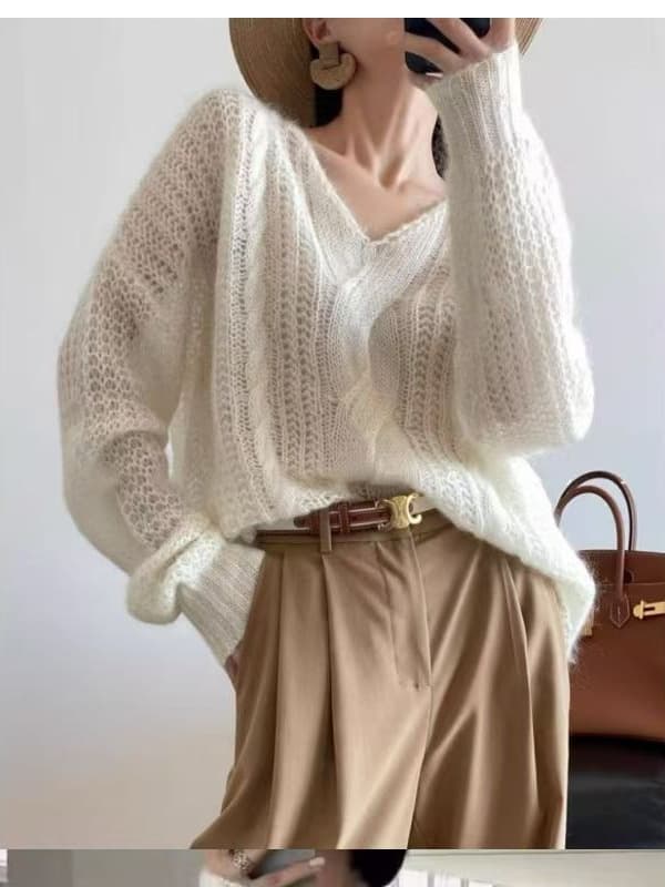 French V-Neck Mohair Cable Knit Sweater for Women 2026 Fall Lightweight Hollow-Out Knit Top
