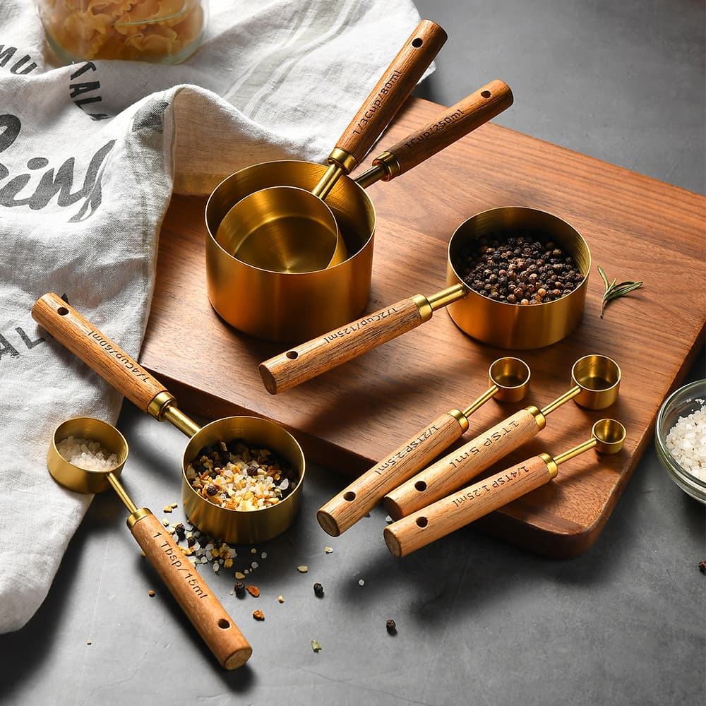 Gold-plated stainless steel acacia wood handle baking special measuring cup measuring spoon set eight-piece kitchen baking tools