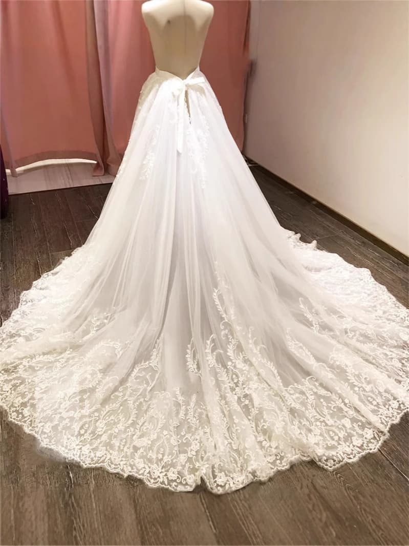 Women's Wedding Dress with Detachable Train, Tulle Lace High-Waist Tie Style for Travel Photography and Runway Shows