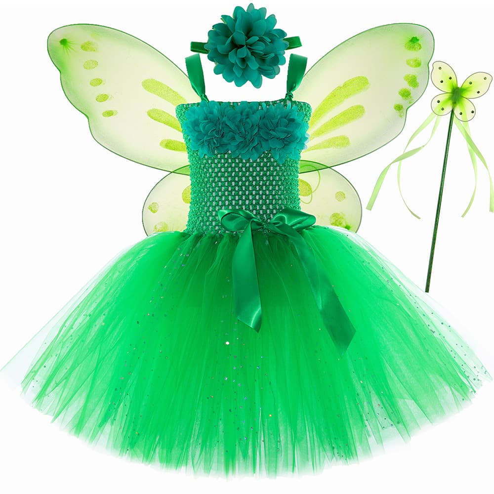 Cross-border Children's Green Fairy Tutu Dress Tinker Bell Princess Dress Girls Sequined Mesh Tulle Dress