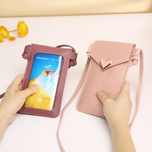 Cross-border Hot Selling Touchscreen Compatible Crossbody Phone Wallet Women's Solid Color Heart Coin Purse Mini Crossbody PU Phone Pouch