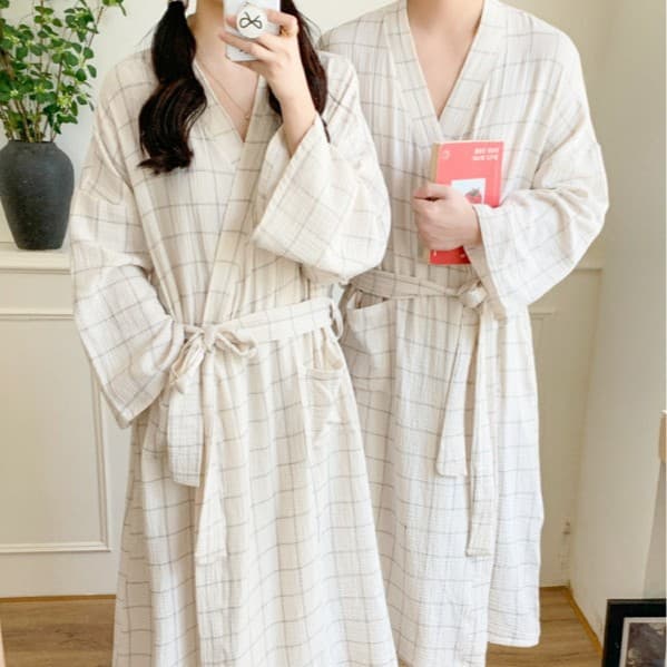 Korean Ins Style Women's Spring/Fall New Arrival Korean Plaid Comfortable Couple Lounge Set Long-Sleeve Robe Pajamas for Men and Women