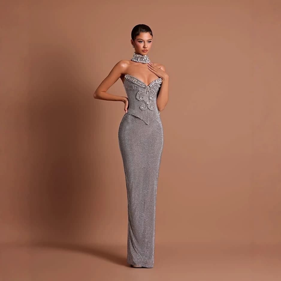 New Factory Direct Grid Rhinestone Fitted Strapless Evening Party Long Dress for Cross-Border Trade