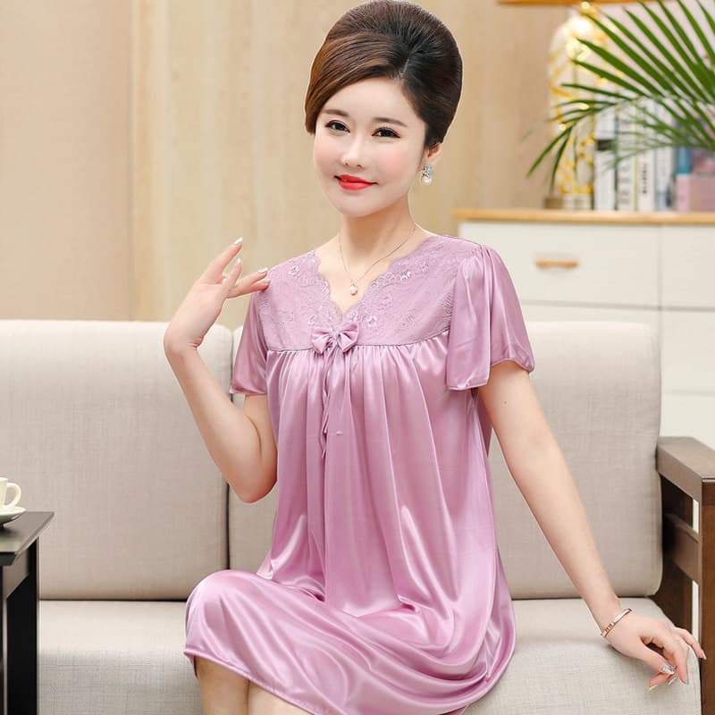 Ice silk nightgown for women summer middle-aged mother middle-aged and elderly pajamas plus fat plus size sexy mid-skirt home wear thin