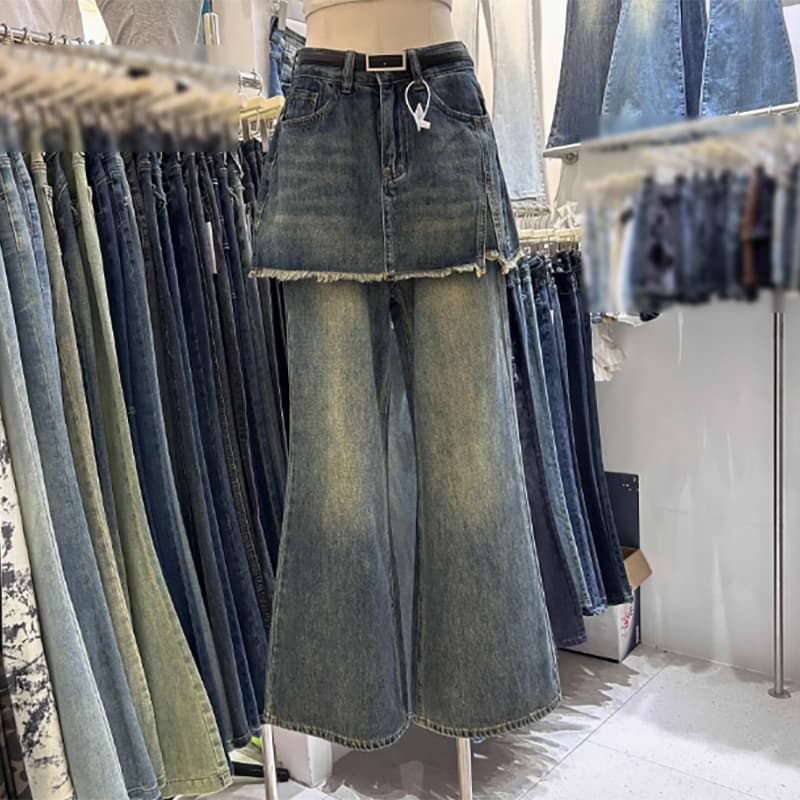 Shisanhang Early Autumn New Design High-Waist Raw Hem A-Line Skirt Stitched Flare Faux Two-Piece Denim Jeans Women Trendy